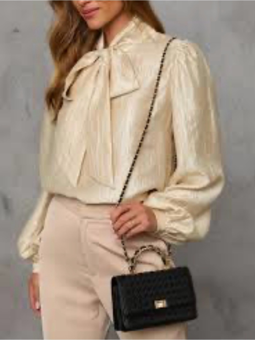 Vici Cream Bow-Neck Puff Sleeve Blouse